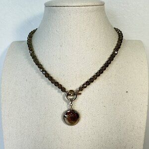 Juicy Couture Logo‎ Charm Necklace Cut Glass Beads Toggle Clasp Silver-Tone